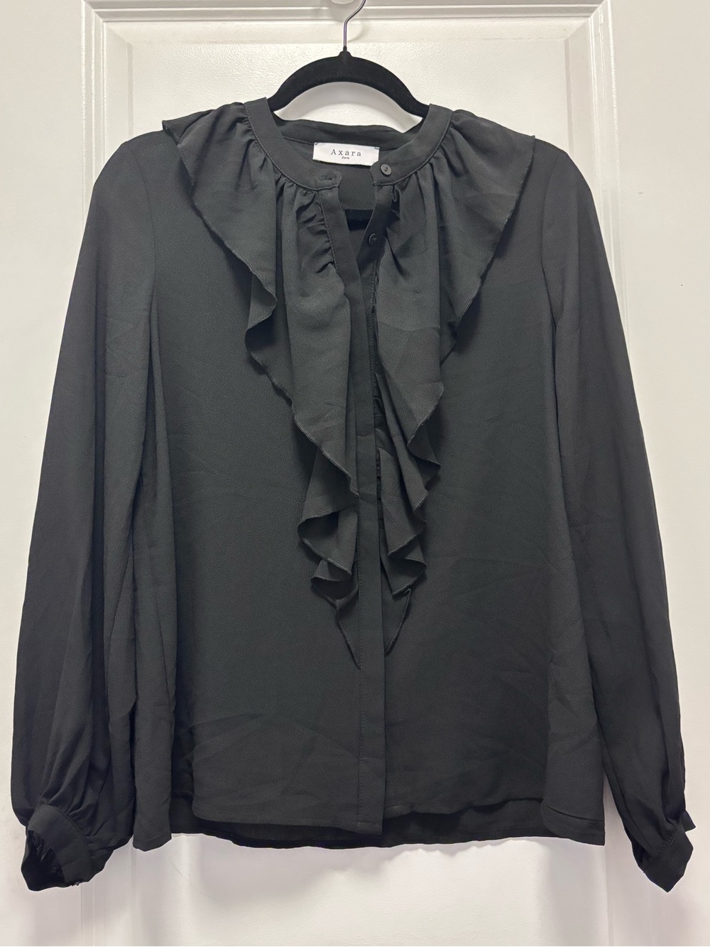 AXARA Black Ruffle Tie-Neck Blouse
